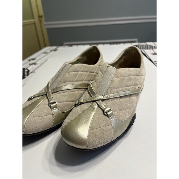 Cole Haan Tan Quilted Suede Gold Metallic Leather Accents Slip On Sneakers Shoes - Picture 2 of 15